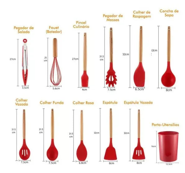 Kit Jogo 11 Peças Utensílios de Cozinha Silicone